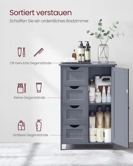 Furnstar - Badkamerkast - Smalle badkamerkast - Bijzetkast - Commode met 4 laden - Met kastdeur en verstelbare plank - Voor woonkamer keuken hal - Diep en vrijstaand - Grijs