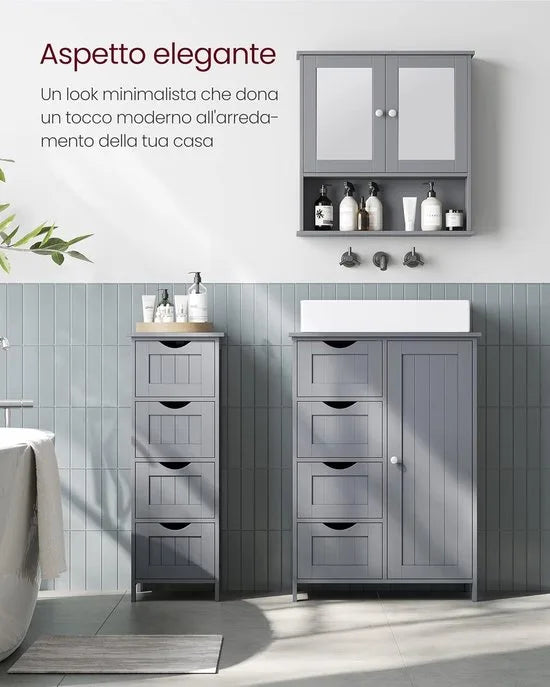 Furnstar - Badkamerkast - Smalle badkamerkast - Bijzetkast - Commode met 4 laden - Met kastdeur en verstelbare plank - 30 x 55 x 82 cm - Inktzwart – Duifgrijs 30 x 55 x 82cm 30 x 55 x 82 cm Duifgrijs (7332)