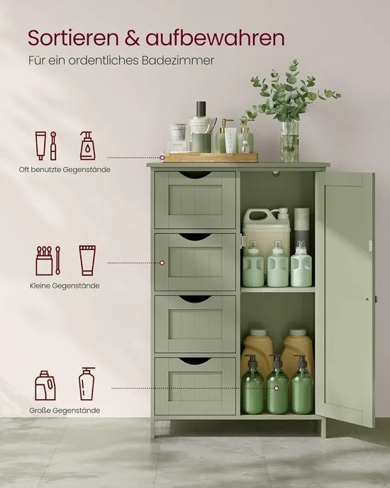 Furnstar - Badkamerkast - Smalle badkamerkast - Bijzetkast - Commode met 4 laden - Met kastdeur en verstelbare plank - 30 x 55 x 82 cm - Inktzwart – Lauriergroen 30 x 55 x 82cm 30 x 55 x 82 cm Lauriergroen (2725)