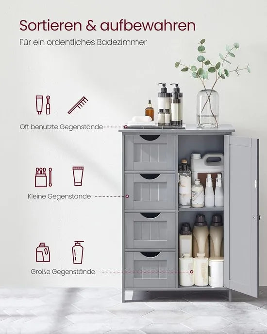 Furnstar - Badkamerkast - Smalle badkamerkast - Bijzetkast - Commode met 4 laden - Met kastdeur en verstelbare plank - 30 x 55 x 82 cm - Inktzwart – Duifgrijs 30 x 55 x 82cm 30 x 55 x 82 cm Duifgrijs (2732)