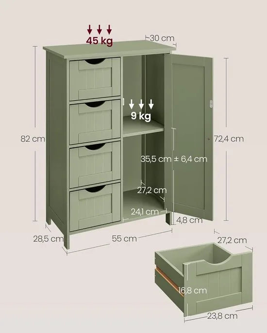 Furnstar - Badkamerkast - Smalle badkamerkast - Bijzetkast - Commode met 4 laden - Met kastdeur en verstelbare plank - 30 x 55 x 82 cm - Lauriergroen