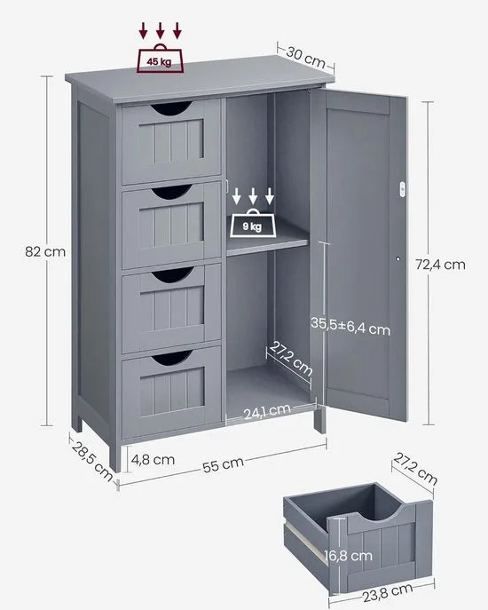 Furnstar - Badkamerkast - Smalle badkamerkast - Bijzetkast - Commode met 4 laden - Met kastdeur en verstelbare plank - 30 x 55 x 82 cm - Inktzwart – Duifgrijs 30 x 55 x 82cm 30 x 55 x 82 cm Duifgrijs (7332)