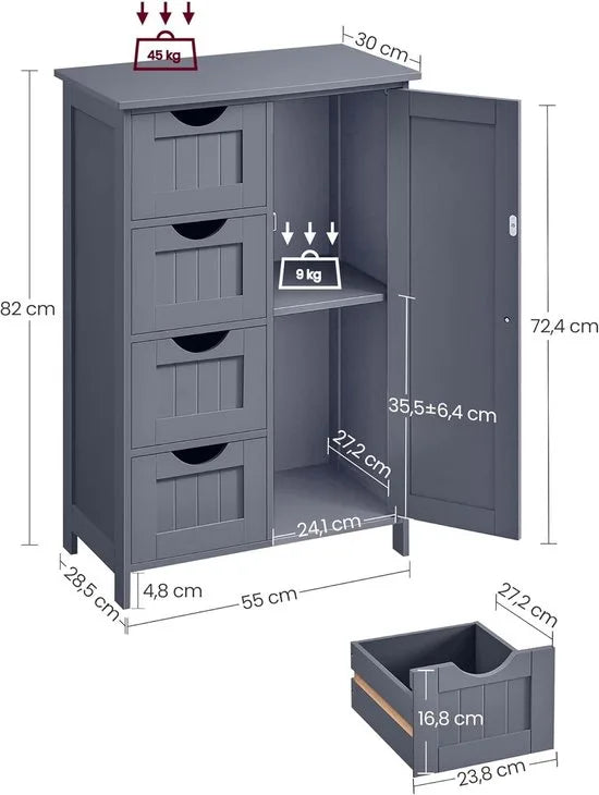 Furnstar - Badkamerkast - Smalle badkamerkast - Bijzetkast - Commode met 4 laden - Met kastdeur en verstelbare plank - Voor woonkamer keuken hal - Diep en vrijstaand - Grijs