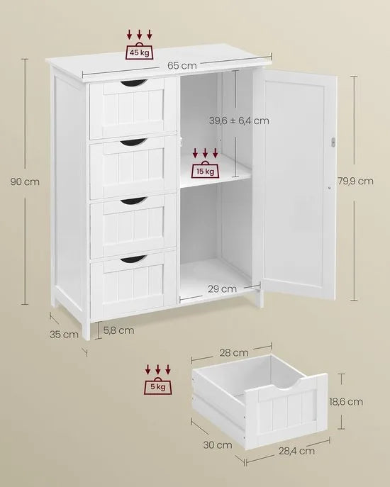 Furnstar - Badkamerkast - Smalle badkamerkast - Bijzetkast - Commode met 4 laden - Met kastdeur en verstelbare plank - 30 x 55 x 82 cm - Inktzwart – Wolkenwit 35 x 65 x 90cm 35 x 65 x 90 cm Wolkenwit (2701)