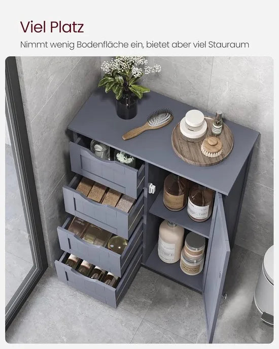 Furnstar - Badkamerkast - Smalle badkamerkast - Bijzetkast - Commode met 4 laden - Met kastdeur en verstelbare plank - Voor woonkamer keuken hal - Diep en vrijstaand - Grijs