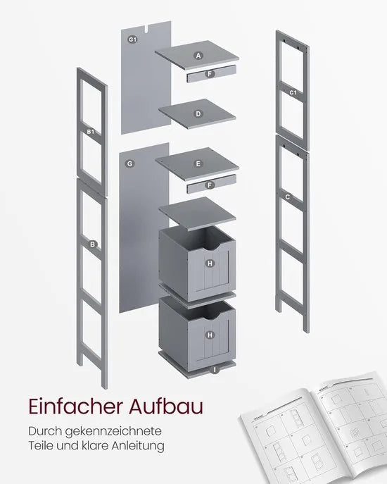 Furnstar Badkamerkast Vrijstaand – Badkamermeubel met 2 Lades en Open Vakken – Modern – Duifgrijs – 30 x 30 x 141,5 cm