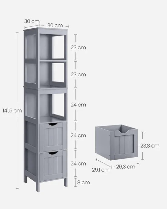 Furnstar Badkamerkast Vrijstaand – Badkamermeubel met 2 Lades en Open Vakken – Modern – Duifgrijs – 30 x 30 x 141,5 cm