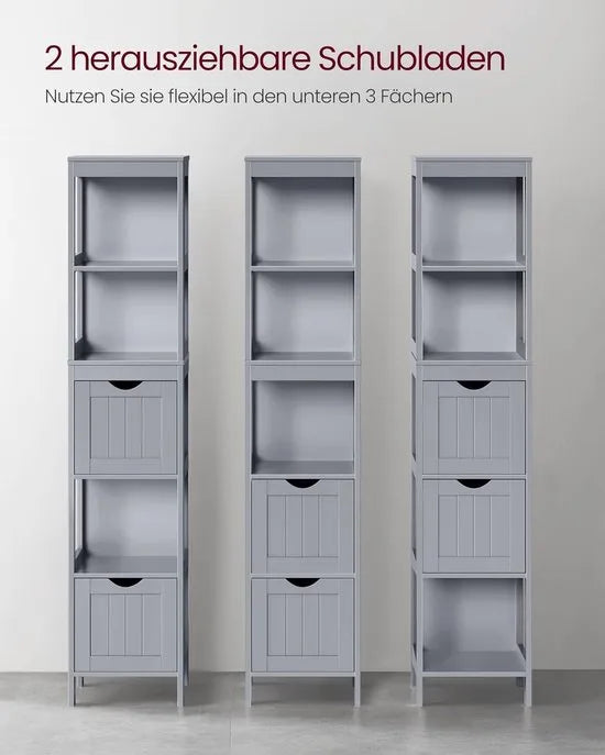 Furnstar Badkamerkast Vrijstaand – Badkamermeubel met 2 Lades en Open Vakken – Modern – Duifgrijs – 30 x 30 x 141,5 cm
