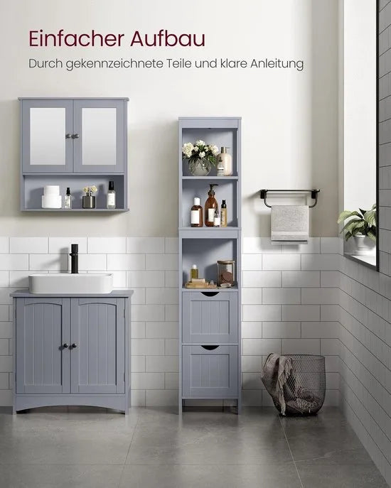 Furnstar Badkamerkast Vrijstaand – Badkamermeubel met 2 Lades en Open Vakken – Modern – Duifgrijs – 30 x 30 x 141,5 cm