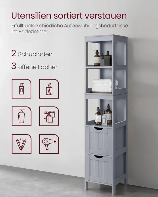 Furnstar Badkamerkast Vrijstaand – Badkamermeubel met 2 Lades en Open Vakken – Modern – Duifgrijs – 30 x 30 x 141,5 cm