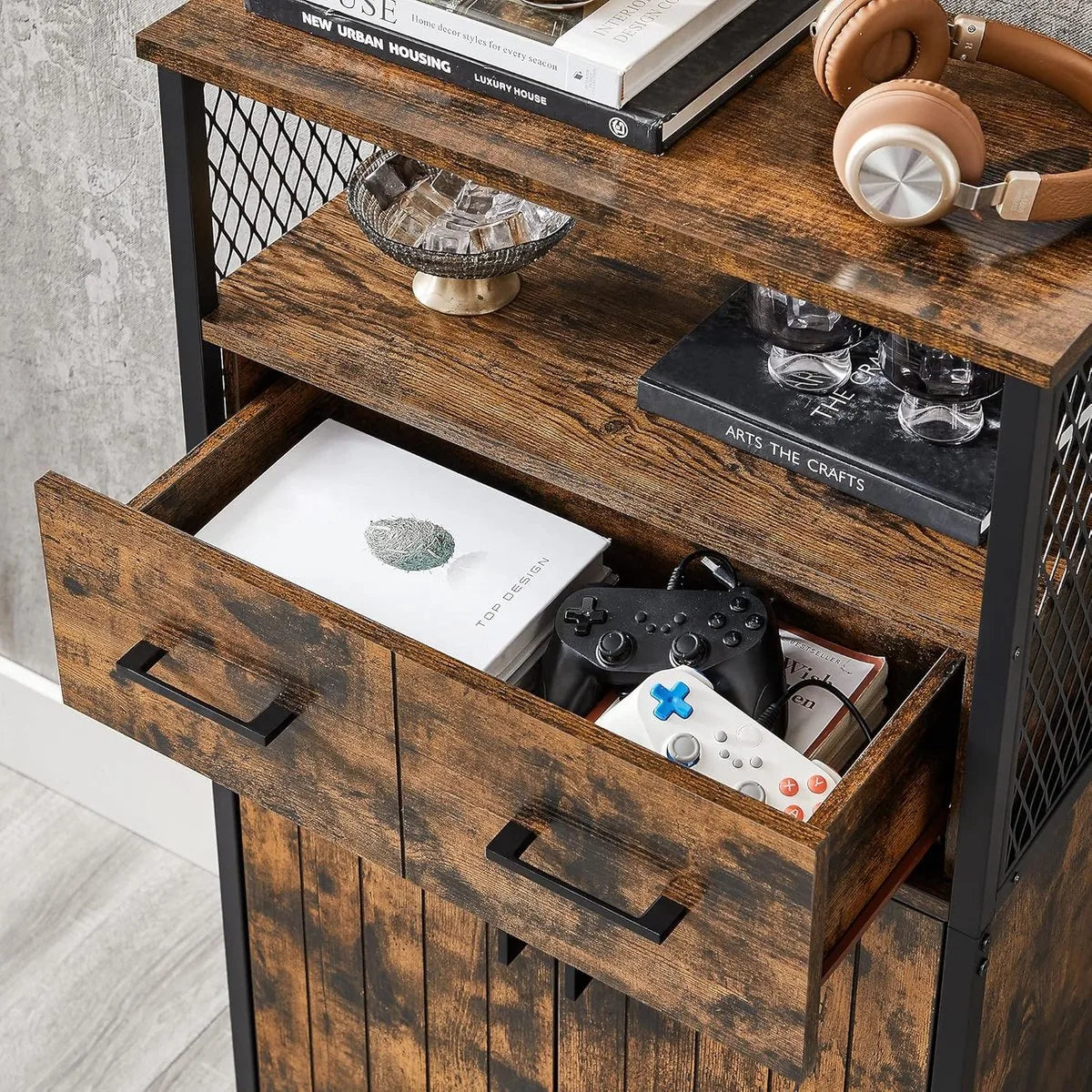 FurnStar Badkamermeubel – Dressoir & Opbergkast – Met Verstelbare Plank – Stalen Frame – Industriële Stijl – Vintage Bruin/Zwart