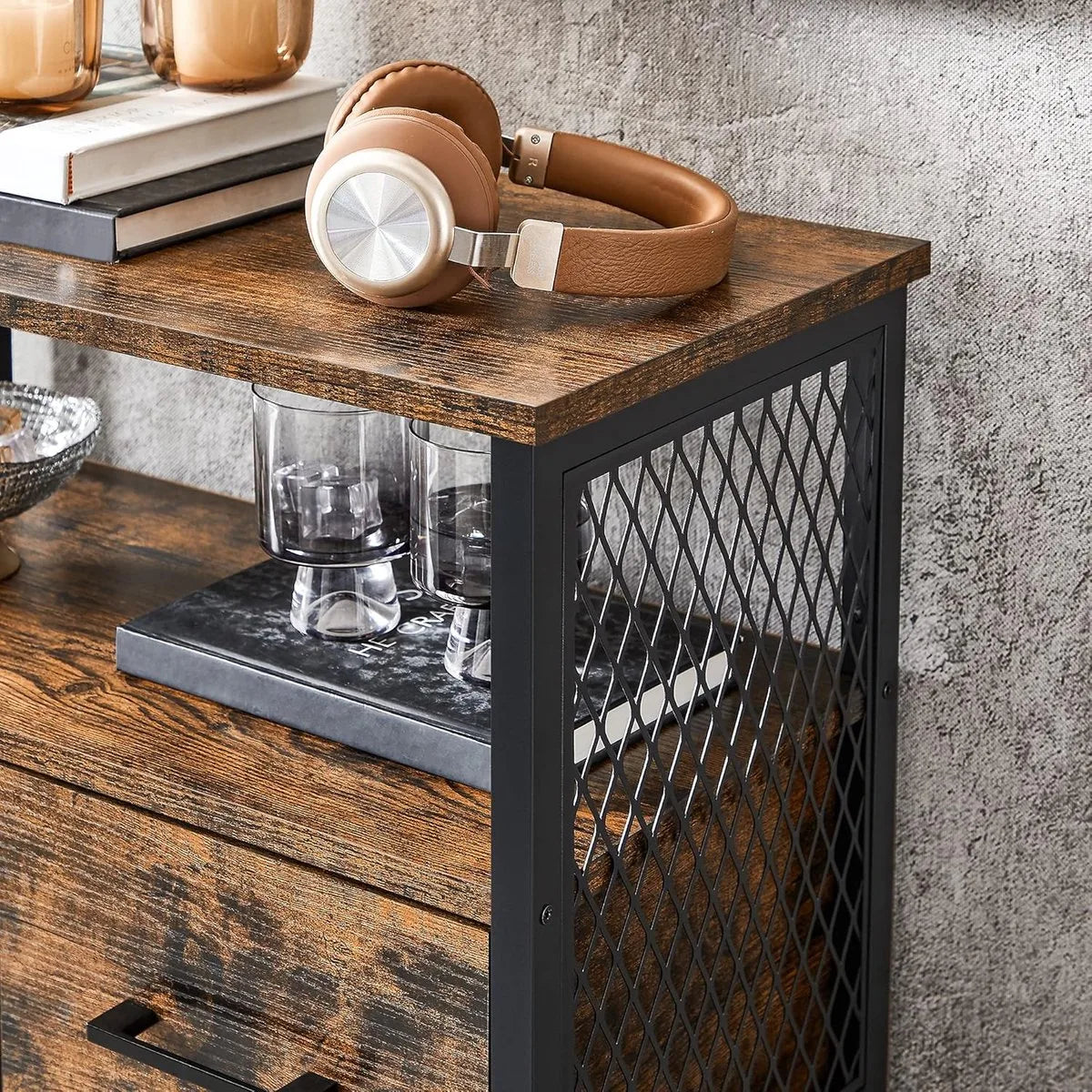FurnStar Badkamermeubel – Dressoir & Opbergkast – Met Verstelbare Plank – Stalen Frame – Industriële Stijl – Vintage Bruin/Zwart