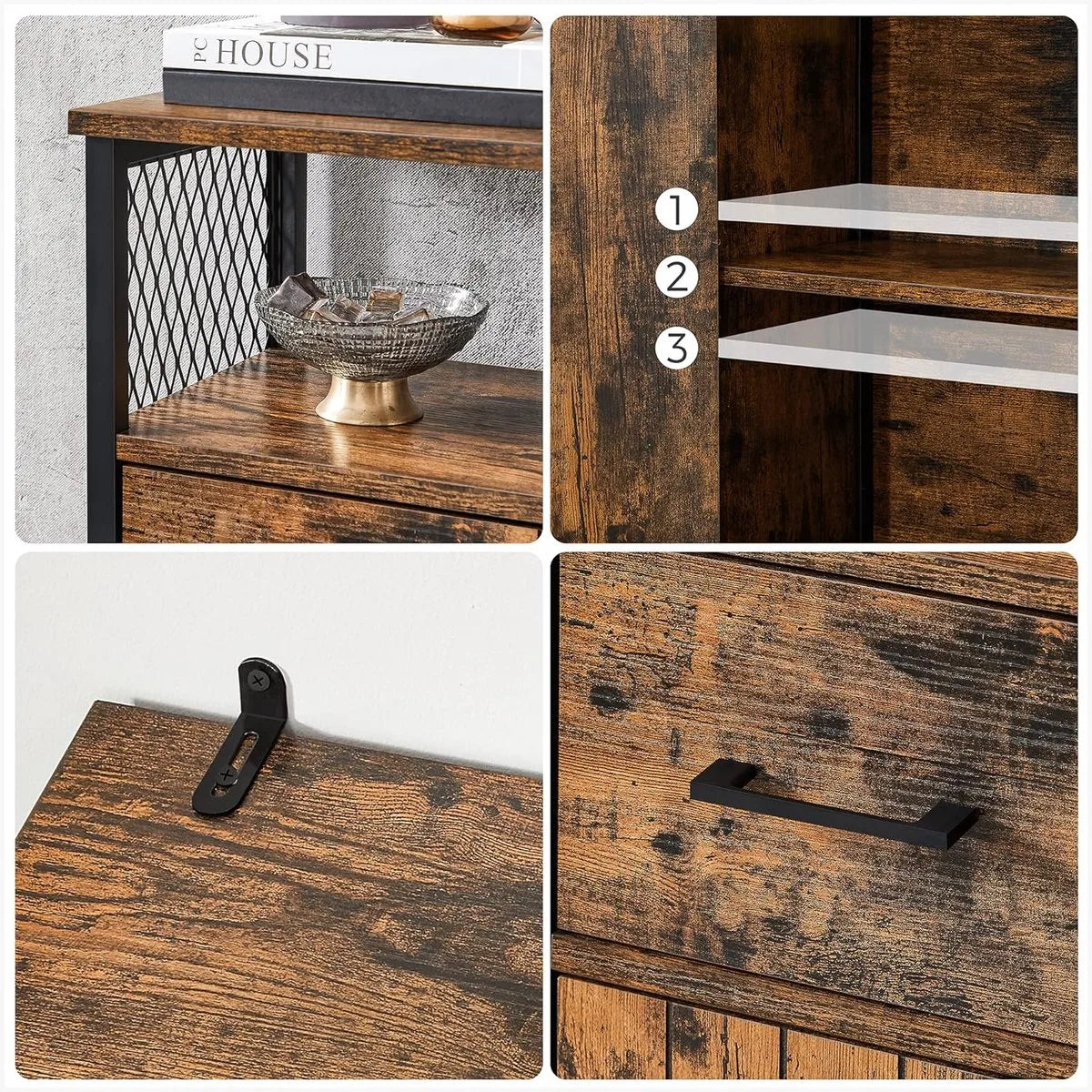 FurnStar Badkamermeubel – Dressoir & Opbergkast – Met Verstelbare Plank – Stalen Frame – Industriële Stijl – Vintage Bruin/Zwart
