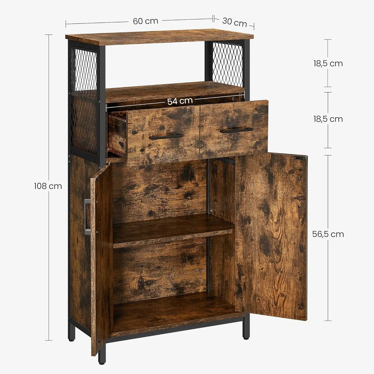 FurnStar Badkamermeubel – Dressoir & Opbergkast – Met Verstelbare Plank – Stalen Frame – Industriële Stijl – Vintage Bruin/Zwart