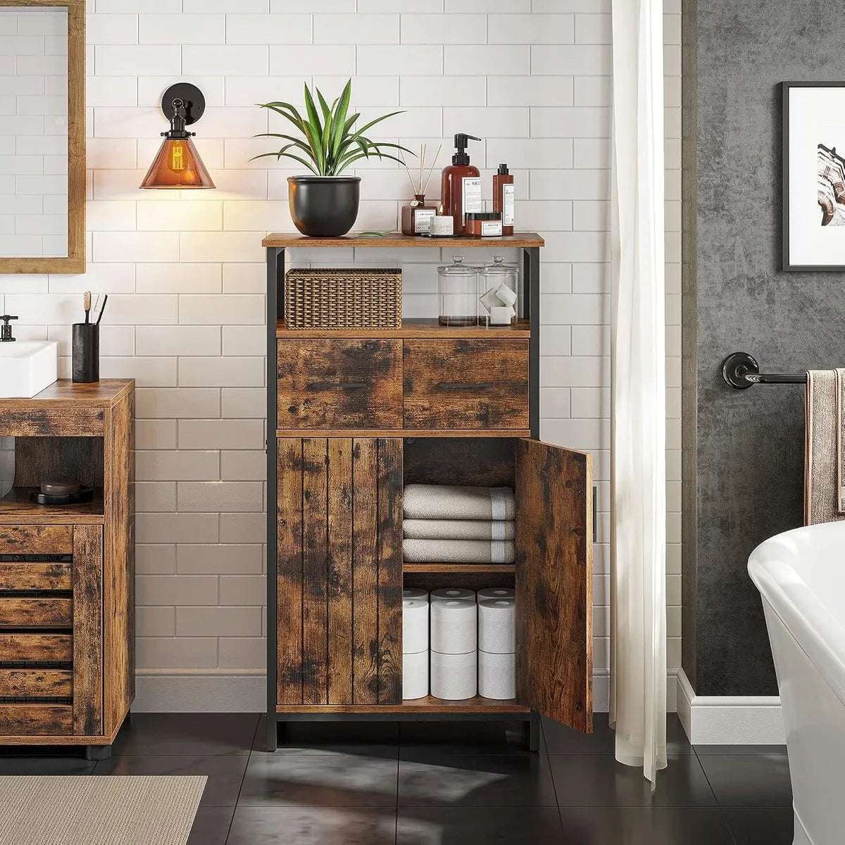 FurnStar Badkamermeubel – Dressoir & Opbergkast – Met Verstelbare Plank – Stalen Frame – Industriële Stijl – Vintage Bruin/Zwart