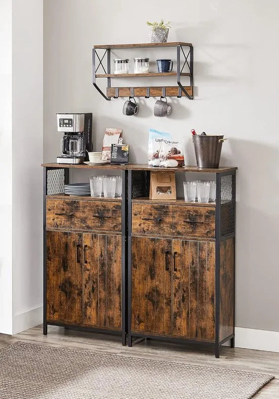 FurnStar Badkamermeubel – Dressoir & Opbergkast – Met Verstelbare Plank – Stalen Frame – Industriële Stijl – Vintage Bruin/Zwart