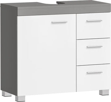 Furnstar Badkamermeubel Onderkast – Met Wastafeluitsparing – 3 Lades & Kastdeur – Verstelbare Plank – Met Poten – Wit/Cementgrijs – 70 cm