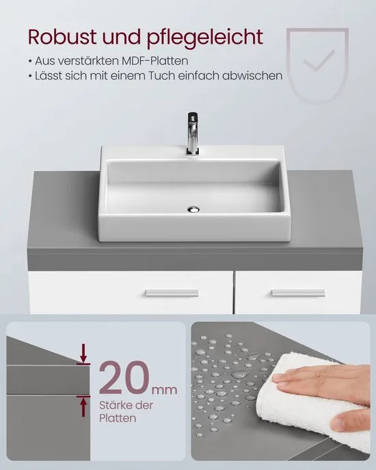 Furnstar Badkamermeubel Onderkast – Met Wastafeluitsparing – 3 Lades & Kastdeur – Verstelbare Plank – Met Poten – Wit/Cementgrijs – 70 cm