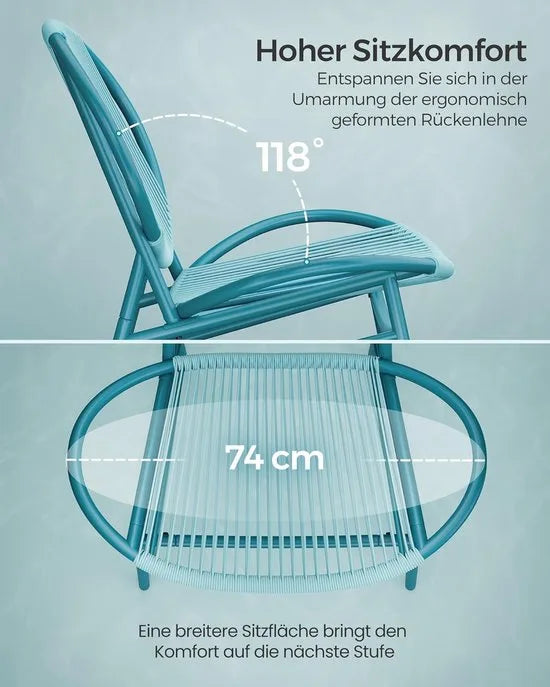 FurnStar - Balkonmeubelen Set - 3-delige Tuinmeubelset - PE-Polyrotan - Tafel + 2 Stoelen - Voor Terras, Tuin, Balkon - Inktzwart – Zeeblauw