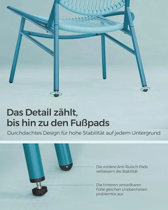 FurnStar - Balkonmeubelen Set - 3-delige Tuinmeubelset - PE-Polyrotan - Tafel + 2 Stoelen - Voor Terras, Tuin, Balkon - Inktzwart – Zeeblauw