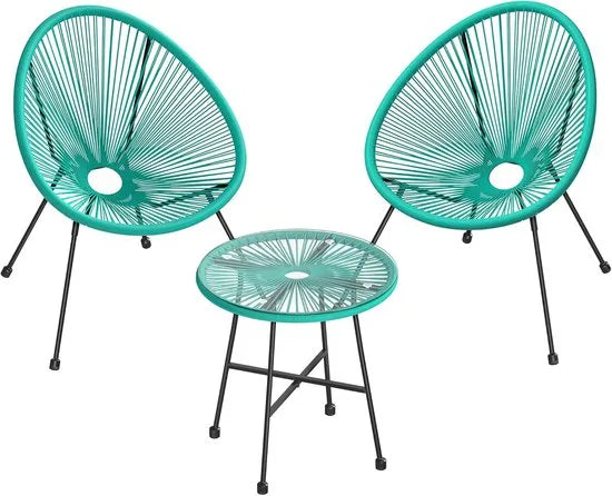 FurnStar - Balkonmeubels - 3-delige Tuinmeubelset - Zitgroep - Glazen Tafeloppervlak - 2 Stoelen - Binnen en Buiten - Zwart – Turquoise