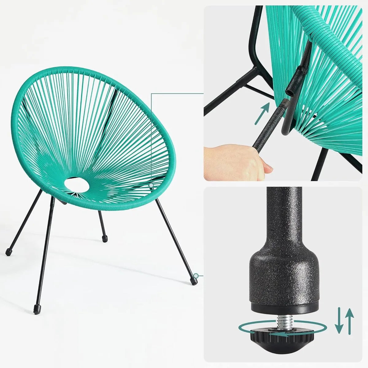 FurnStar - Balkonmeubels - 3-delige Tuinmeubelset - Zitgroep - Glazen Tafeloppervlak - 2 Stoelen - Binnen en Buiten - Zwart – Turquoise