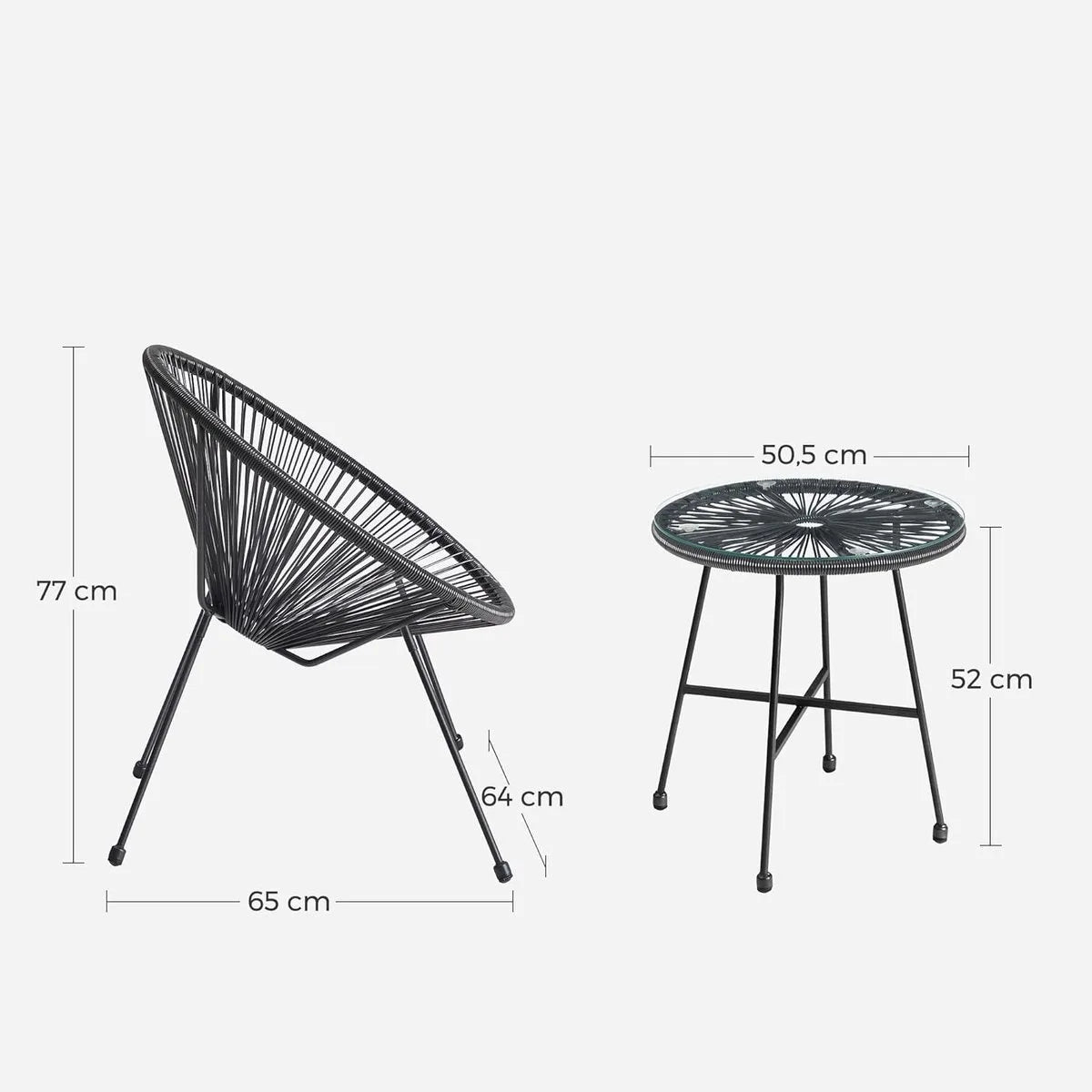 FurnStar - Balkonmeubels - 3-delige Tuinmeubelset - Zitgroep - Glazen Tafeloppervlak - 2 Stoelen - Binnen en Buiten - Zwart