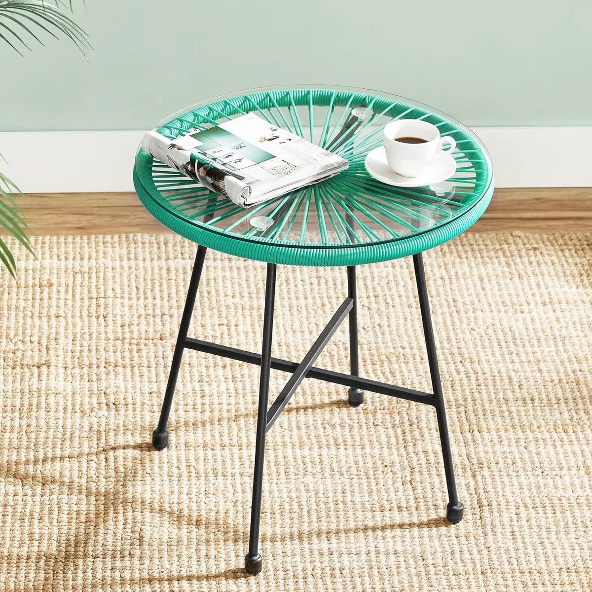 FurnStar - Balkonmeubels - 3-delige Tuinmeubelset - Zitgroep - Glazen Tafeloppervlak - 2 Stoelen - Binnen en Buiten - Zwart – Turquoise