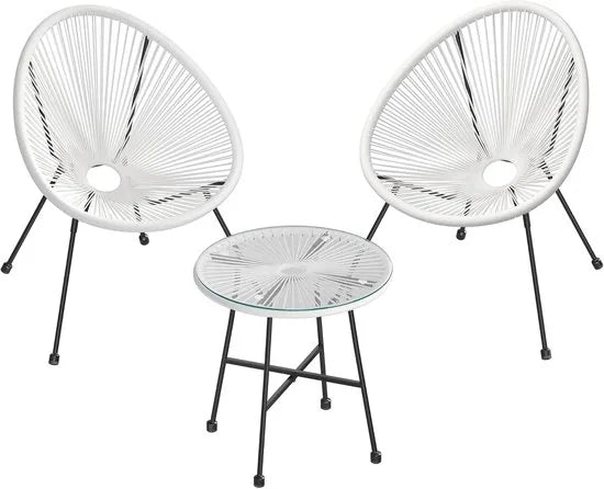 Furnstar Balkonmeubelset – Tuinmeubelset - Terrasmeubel -3-delig – 2 Stoelen – Weerbestendig - Glazen Tafel – Wit