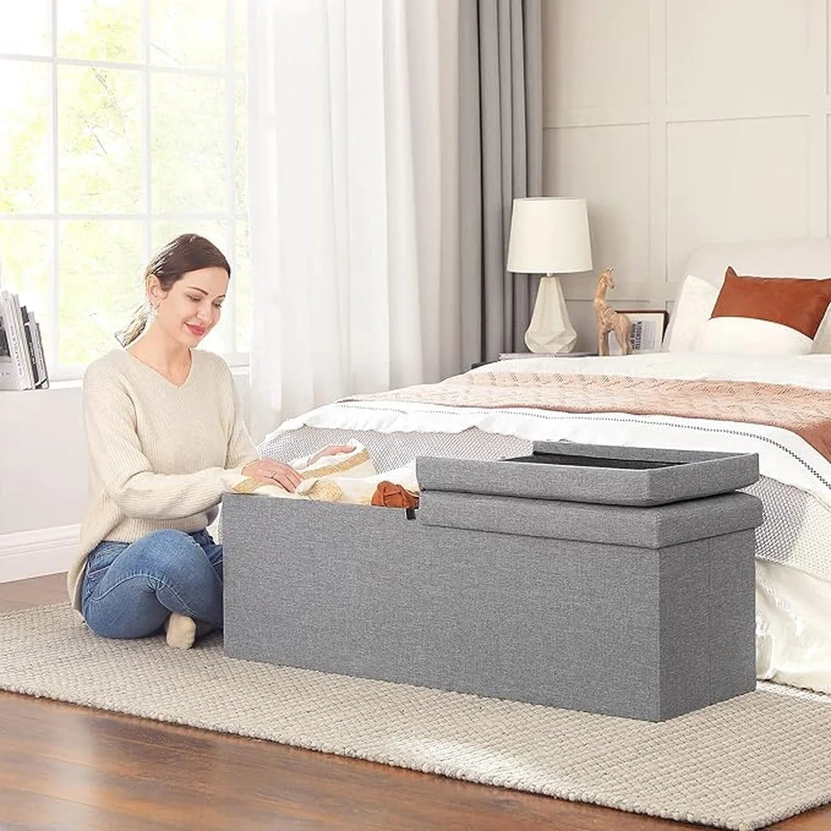 FurnStar - Bank met opbergruimte - Opvouwbare zitkist - Opbergkist - 38 x 110 x 38 cm - Deksel opvouwbaar - Belastbaar tot 300 kg - voor hal - woonkamer - slaapkamer - asgrijs