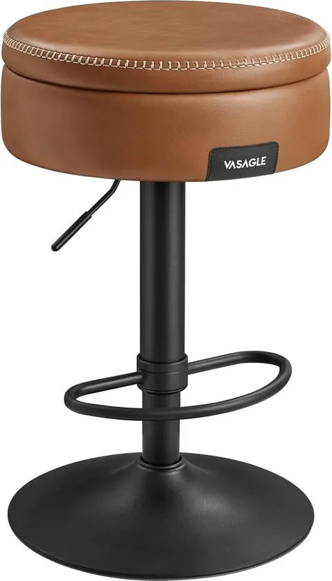 FurnStar - Barkruk - 360° Draaibare Barkruk - In Hoogte Verstelbare Barstoel - Met Opbergruimte - Kunstleer - Naden - Mid-Century Moderne Stijl - Keuken - Huisbar - Eenvoudige Montage - Inktzwart – Karamelbruin