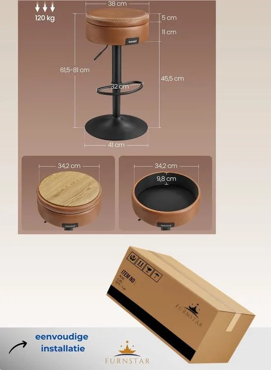 FurnStar - Barkruk - 360° Draaibare Barkruk - In Hoogte Verstelbare Barstoel - Met Opbergruimte - Kunstleer - Naden - Mid-Century Moderne Stijl - Keuken - Huisbar - Eenvoudige Montage - Inktzwart – Karamelbruin