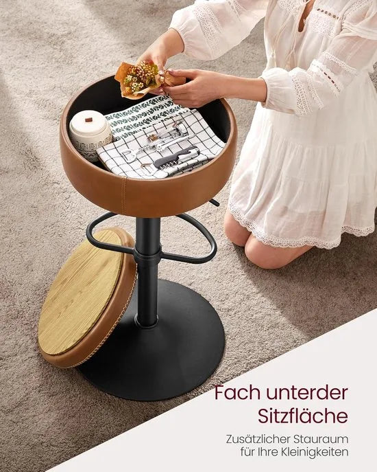 FurnStar - Barkruk - 360° Draaibare Barkruk - In Hoogte Verstelbare Barstoel - Met Opbergruimte - Kunstleer - Naden - Mid-Century Moderne Stijl - Keuken - Huisbar - Eenvoudige Montage - Inktzwart – Karamelbruin