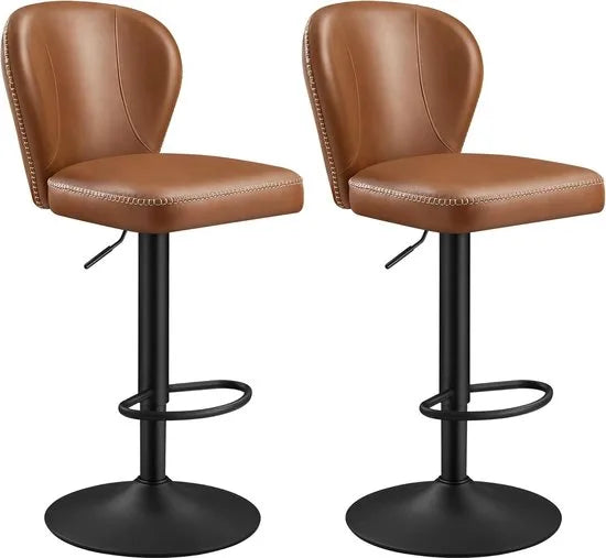 FurnStar - Barkruk - 360° Draaibare Barkruk - Set van 2 - In Hoogte Verstelbare Barstoel met Rugleuning - Kunstleer - Naden - Mid-Century Moderne Stijl - Keuken - Huisbar - Eenvoudige Montage - Zwart – Karamelbruin