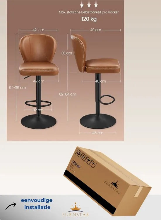 FurnStar - Barkruk - 360° Draaibare Barkruk - Set van 2 - In Hoogte Verstelbare Barstoel met Rugleuning - Kunstleer - Naden - Mid-Century Moderne Stijl - Keuken - Huisbar - Eenvoudige Montage - Karamelbruin