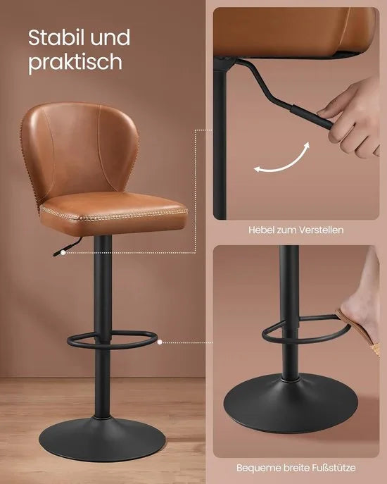 FurnStar - Barkruk - 360° Draaibare Barkruk - Set van 2 - In Hoogte Verstelbare Barstoel met Rugleuning - Kunstleer - Naden - Mid-Century Moderne Stijl - Keuken - Huisbar - Eenvoudige Montage - Karamelbruin