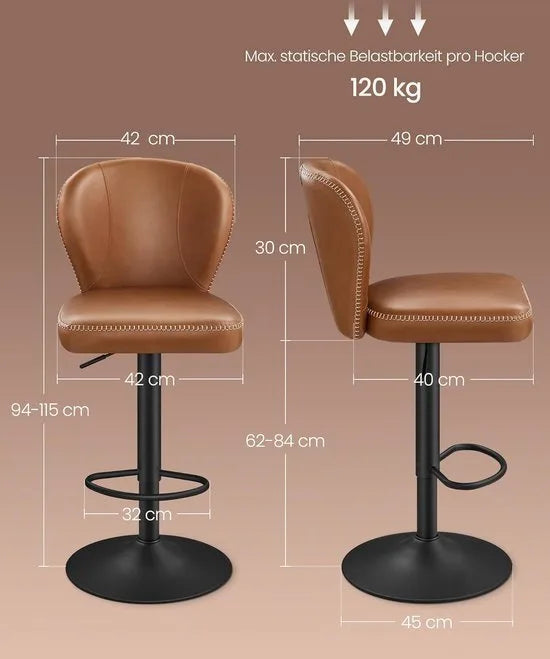 FurnStar - Barkruk - 360° Draaibare Barkruk - Set van 2 - In Hoogte Verstelbare Barstoel met Rugleuning - Kunstleer - Naden - Mid-Century Moderne Stijl - Keuken - Huisbar - Eenvoudige Montage - Zwart – Karamelbruin