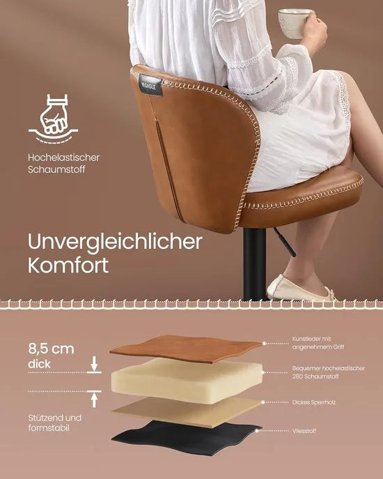 FurnStar - Barkruk - 360° Draaibare Barkruk - Set van 2 - In Hoogte Verstelbare Barstoel met Rugleuning - Kunstleer - Naden - Mid-Century Moderne Stijl - Keuken - Huisbar - Eenvoudige Montage - Karamelbruin