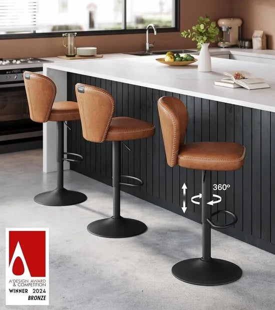 FurnStar - Barkruk - 360° Draaibare Barkruk - Set van 2 - In Hoogte Verstelbare Barstoel met Rugleuning - Kunstleer - Naden - Mid-Century Moderne Stijl - Keuken - Huisbar - Eenvoudige Montage - Karamelbruin