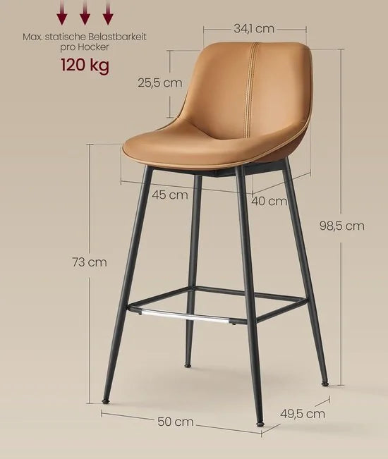 FurnStar - Barkruk - 4-Delige Set - Barstoelen - Ergonomische Rugleuning - Kunstleer - Metalen Poten met Verstelbare Universele Poten - 62 cm Hoog - Thuisbar - Eenvoudige Montage - Karamelbruin