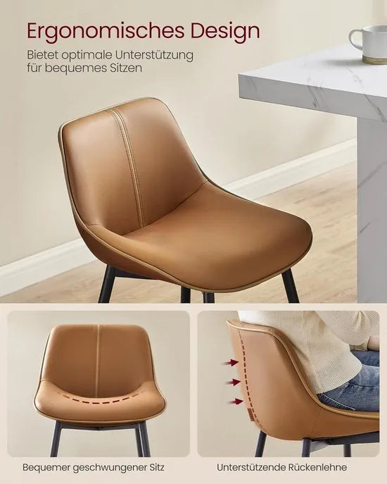 FurnStar - Barkruk - 4-Delige Set - Barstoelen - Ergonomische Rugleuning - Kunstleer - Metalen Poten met Verstelbare Universele Poten - 62 cm Hoog - Thuisbar - Eenvoudige Montage - Karamelbruin