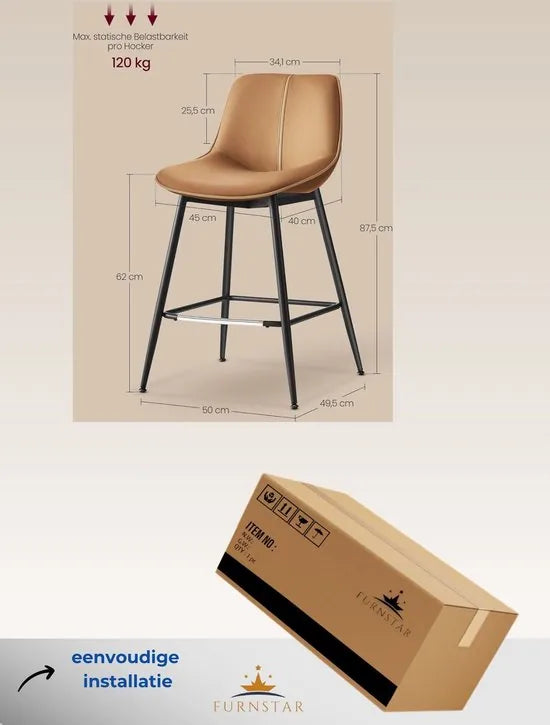 FurnStar - Barkruk - 4-Delige Set - Barstoelen - Ergonomische Rugleuning - Kunstleer - Metalen Poten met Verstelbare Universele Poten - 62 cm Hoog - Thuisbar - Eenvoudige Montage - Karamelbruin