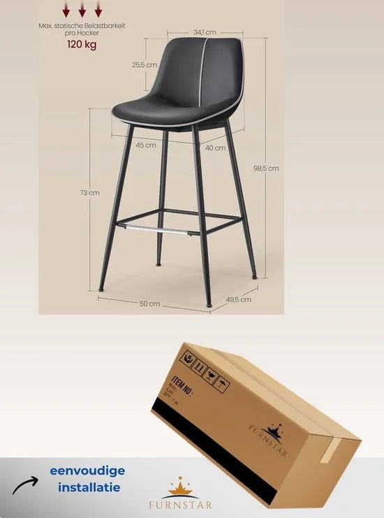 FurnStar - Barkruk - 4-Delige Set - Barstoelen - Ergonomische Rugleuning - Kunstleer - Metalen Poten met Verstelbare Universele Poten - 62 cm Hoog - Thuisbar - Eenvoudige Montage - Karamelbruin – Inktzwart Inktzwart (1629)