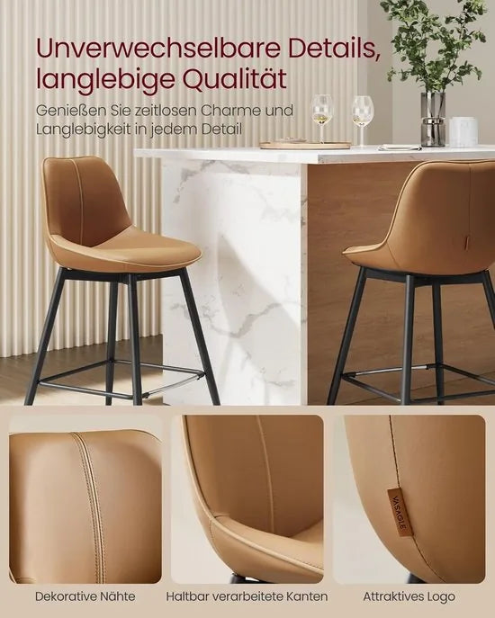 FurnStar - Barkruk - 4-Delige Set - Barstoelen - Ergonomische Rugleuning - Kunstleer - Metalen Poten met Verstelbare Universele Poten - 62 cm Hoog - Thuisbar - Eenvoudige Montage - Karamelbruin