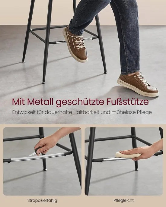 FurnStar - Barkruk - 4-Delige Set - Barstoelen - Ergonomische Rugleuning - Kunstleer - Metalen Poten met Verstelbare Universele Poten - 62 cm Hoog - Thuisbar - Eenvoudige Montage - Karamelbruin – Inktzwart Inktzwart (1629)