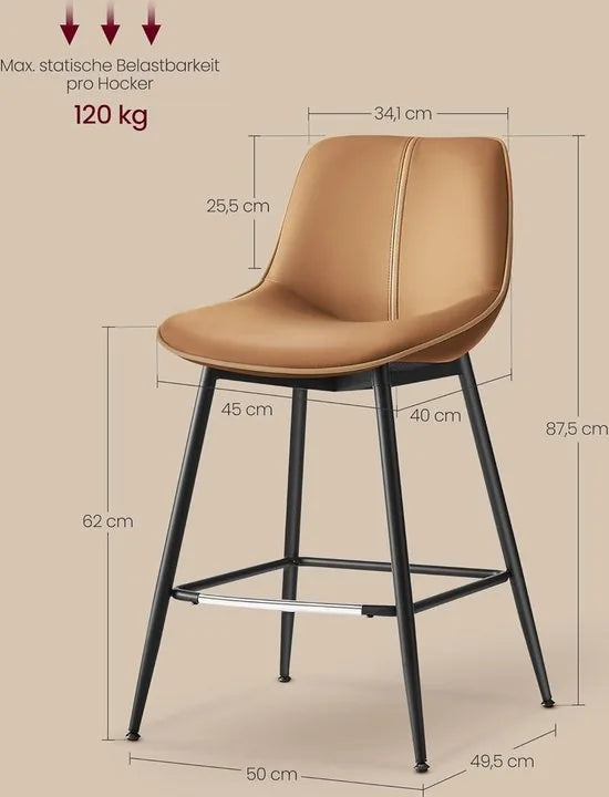 FurnStar - Barkruk - 4-Delige Set - Barstoelen - Ergonomische Rugleuning - Kunstleer - Metalen Poten met Verstelbare Universele Poten - 62 cm Hoog - Thuisbar - Eenvoudige Montage - Karamelbruin