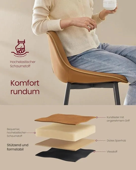FurnStar - Barkruk - 4-Delige Set - Barstoelen - Ergonomische Rugleuning - Kunstleer - Metalen Poten met Verstelbare Universele Poten - 62 cm Hoog - Thuisbar - Eenvoudige Montage - Karamelbruin