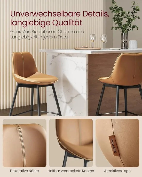 FurnStar - Barkruk - 4-Delige Set - Barstoelen - Ergonomische Rugleuning - Kunstleer - Metalen Poten met Verstelbare Universele Poten - 62 cm Hoog - Thuisbar - Eenvoudige Montage - Karamelbruin