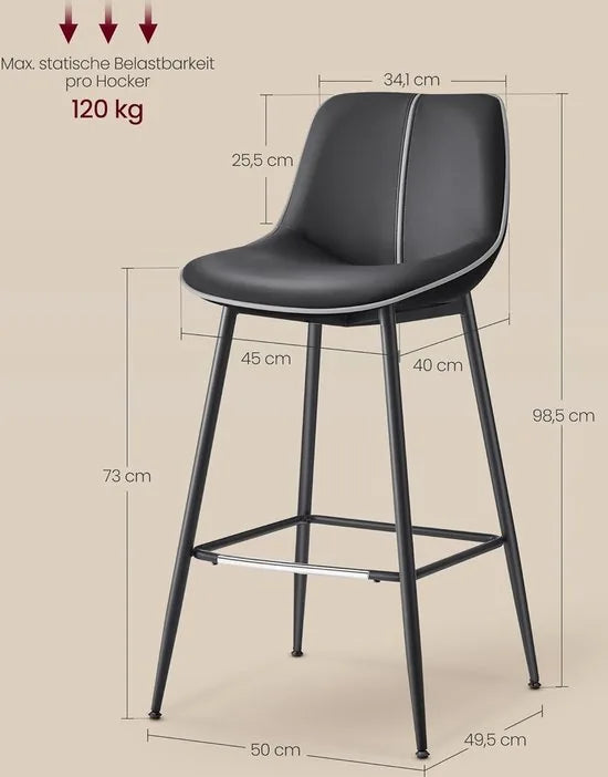 FurnStar - Barkruk - 4-Delige Set - Barstoelen - Ergonomische Rugleuning - Kunstleer - Metalen Poten met Verstelbare Universele Poten - 62 cm Hoog - Thuisbar - Eenvoudige Montage - Inktzwart