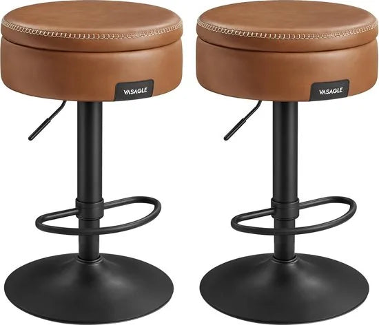 FurnStar - Barkruk - Set van 2 - 360° Draaibare Barkruk - In Hoogte Verstelbare Barstoel - Met Opbergruimte - Kunstleer - Naden - Mid-Century Moderne Stijl - Keuken - Huisbar - Eenvoudige Montage - Karamelbruin